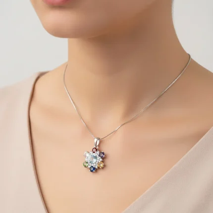 model wearing round flower shaped multi gemstone silver pendant with cubic zirconia