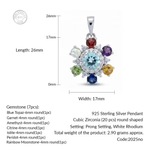 details of the flower shaped multi gemstone silver pendant