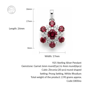 details of the flower shaped garnet silver pendant